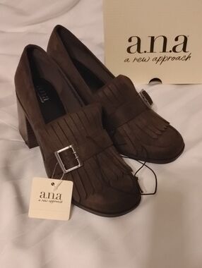 a.n.a Dark Brown Suede Fringe Block Heel Loafers with Buckle Accent, Size: 10 M